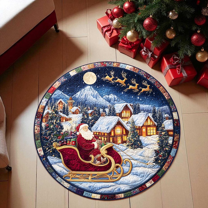Home Xmas Decor Ideas - Weihnachtsmann-Schlitten, runde Fußmatte, Vintage-Feriendorf-Bodenmatte, gemütlicher Teppich