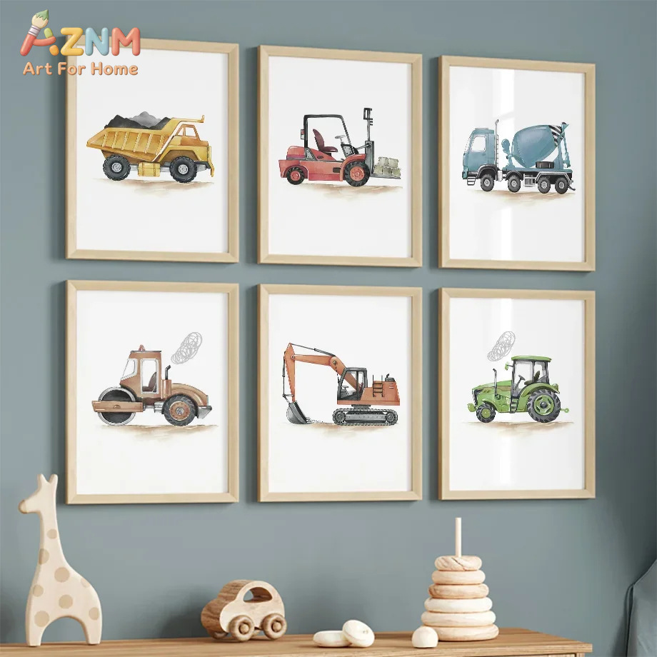 Home Decor Japandi - 6 Stück Nordische Moderne Cartoon-Auto-Baufahrzeug-Bagger-Poster für