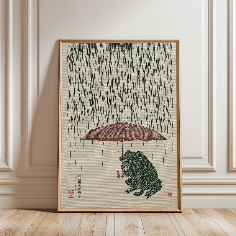 Home Decor Japandi - Japanischer Frosch mit Regenschirm Poster, Kunstdruck,