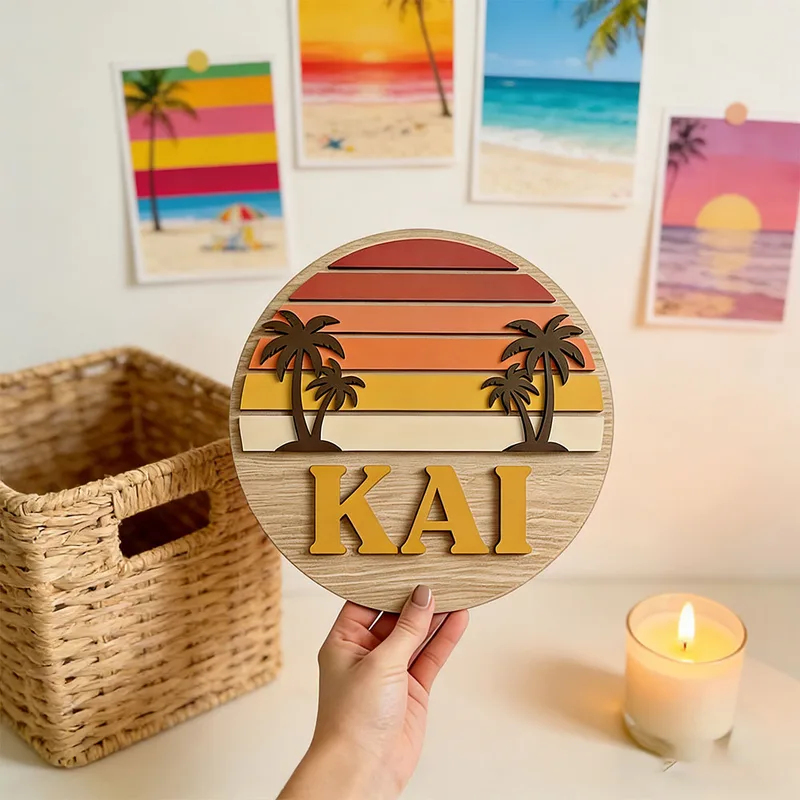 Wooden Letter Sign - Anpassbares Rundes Vintage Strand Sonnenuntergang Palme
