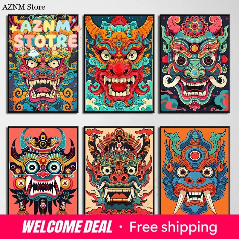 Home Decor Japandi - Japanische Dämonen-Oni-Samurai-Yokai-Maske, Poster, Druck, Leinwandgemälde, Wandkunst,
