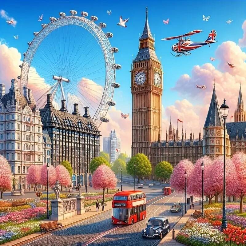 Home Decor London - Rahmenloses Neues Diamant-Mosaik-Kunstwerk London Eye Stadtlandschaft