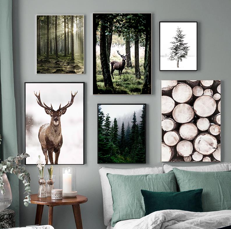 Home Decor Japandi - Winter Schnee Wald Hirsch Eule Sonnenlicht